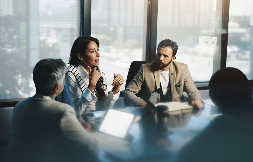 Group of people discussing during a meeting in a room with curtains.