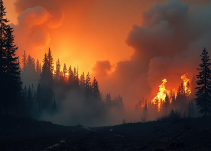 Forest of evergreen trees with a wildfire in the distance
