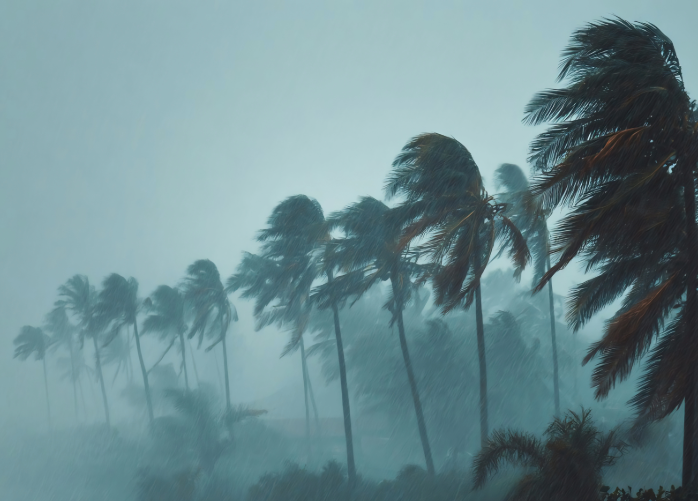 A tropical storm darkens the sky and blows through coastal trees as rain comes down